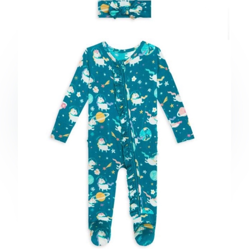 Posh Peanut Unicorn Ruffle Footie and Headband Set-NB